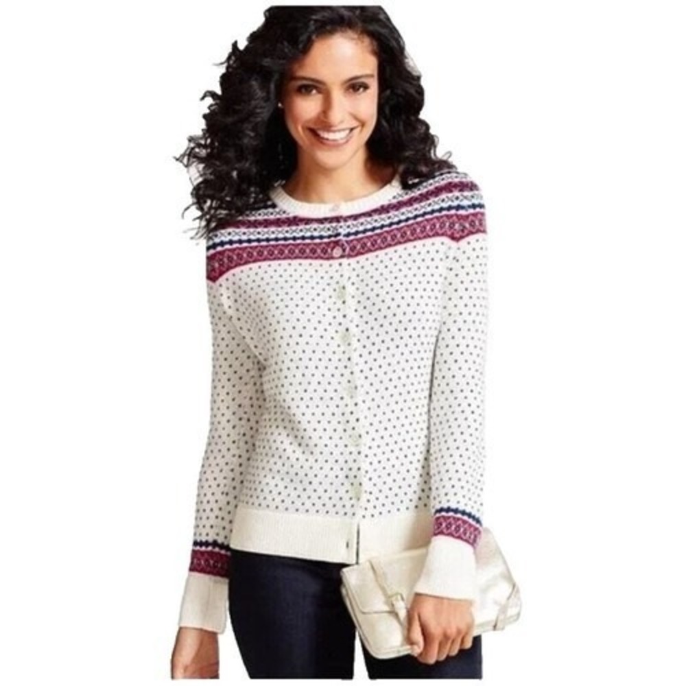 Talbots Cardigan Women's 1X Ivory‎ Pink Blue Fair Isle Polka Dot Lambswool Blend